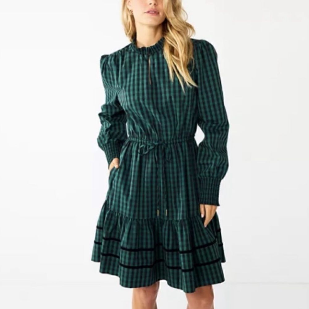DRAPER JAMES RSVP Long Sleeve Tiered Dress New Plaid Black Green Size 2XL
